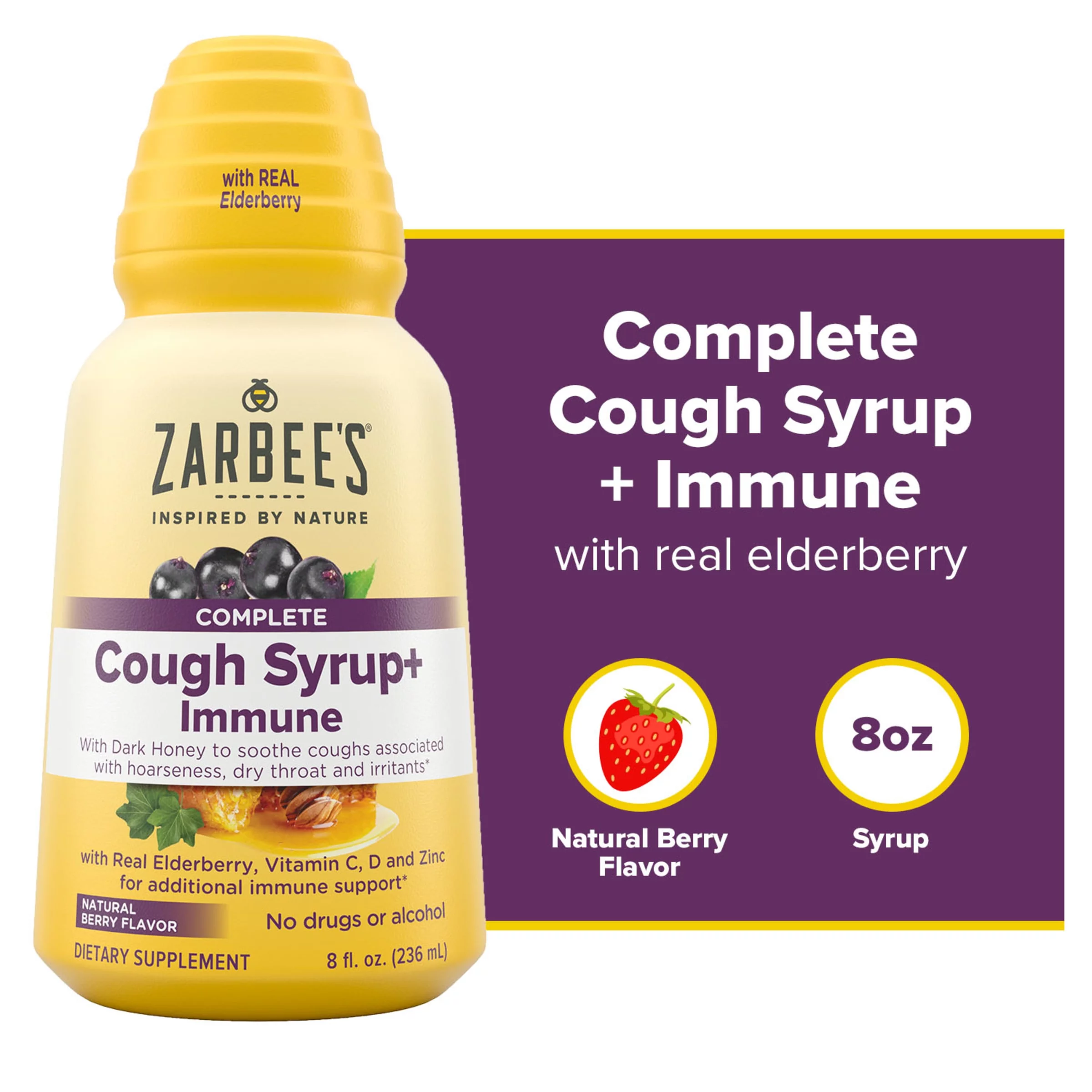 Zarbee's Cough Syrup + Immune with Honey, Natural Berry Flavor, 8 fl oz