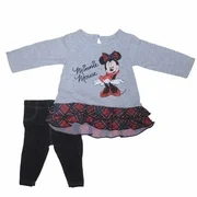 Disney Minnie Mouse Infant Girls Plaid Ruffle Gray Shirt Black Leggings Set