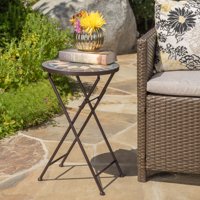 Owen Outdoor Stone Side Table with Iron Frame, Beige and Black