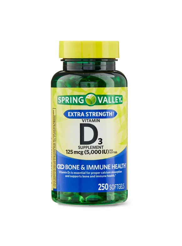 Spring Valley Vitamin D3 Softgels, 125 mcg per Softgel, 5,000 IU, 250 Count