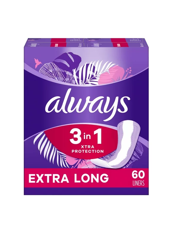 Always Xtra Protection 3-in-1 Daily Liners for Women, Extra Long, 60 Ct