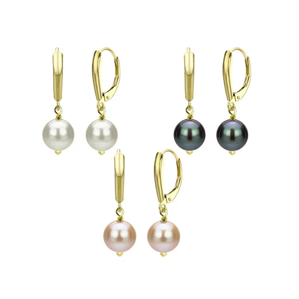 ADDURN Gift 9-10mm Freshwater Pearl 14kt Yellow Gold over Sterling Silver Three-Pair Lever Back Earring Set