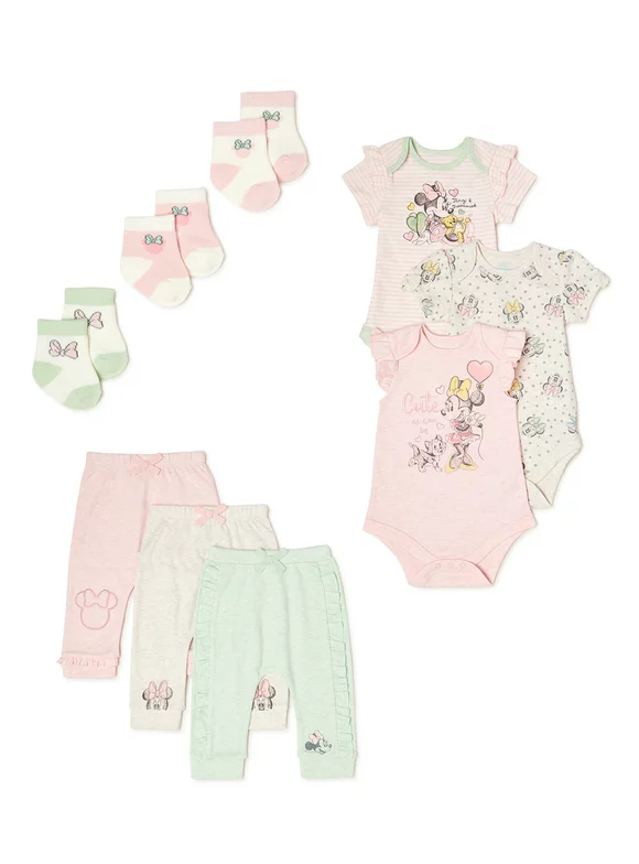 Disney Baby Wishes + Dreams Baby Girl Minnie Mouse Bodysuits & Pants Set, 9-Piece, Newborn-12 Months