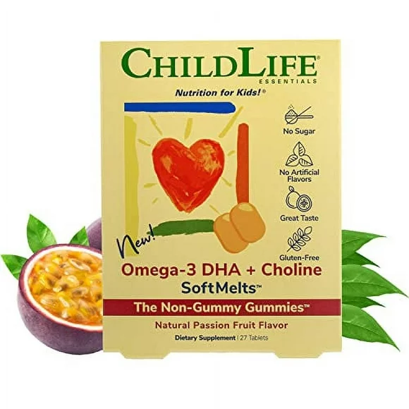 CHILDLIFE ESSENTIALS Omega-3 DHA + Choline SoftChews - All-Natural Support for Optimal Brain & Nervous System Development & Function in Children & Teens, Sugar-Free - Passion Fruit Flavor, 27 Tablets