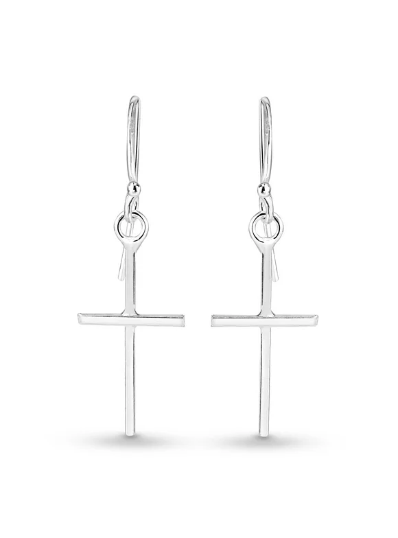 Aeravida Simple Skinny Cross .925 Sterling Silver Dangle Earrings | Classic Sterling Silver Dangle Earring | Earring for Women and Men | Cross Dangle Earrings | Religious Ornament | Speacial Day Gift
