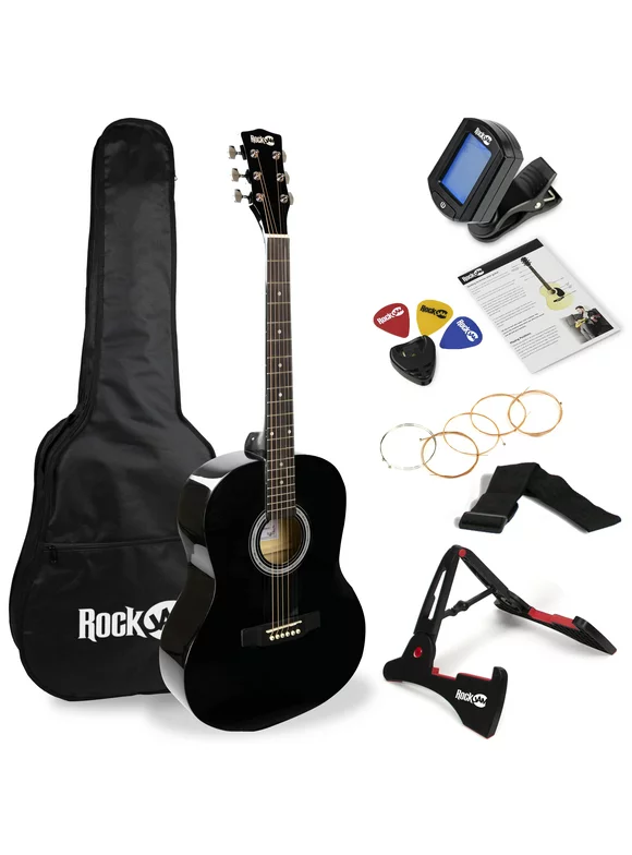 RockJam Black Full-Size Dreadnought Acoustic Guitar Kit with Guitar Tuner, Guitar Bag ,Guitar Stand & Lessons