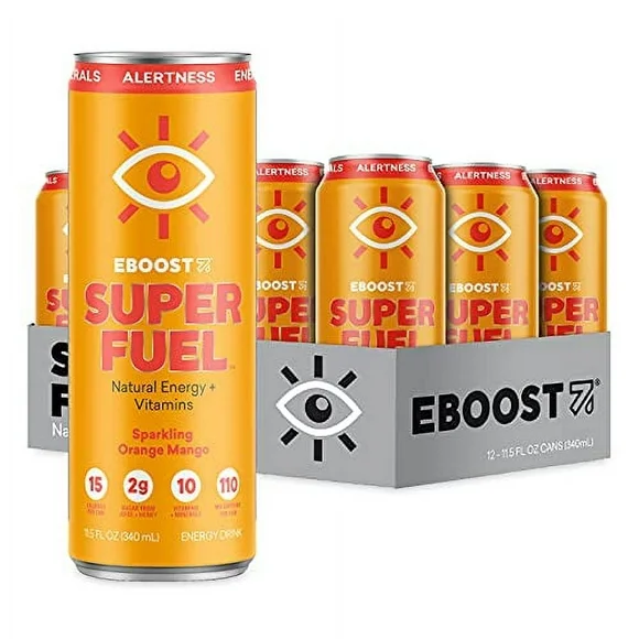 EBOOST Super Fuel Natural Energy Drink - Orange Mango - 12 Pack x 11.5 Fl Oz - Natural Caffeine from Coffee and Green Tea - Essential Electrolytes, Nootropics, and Vitamins - Sports Preworkout Drink