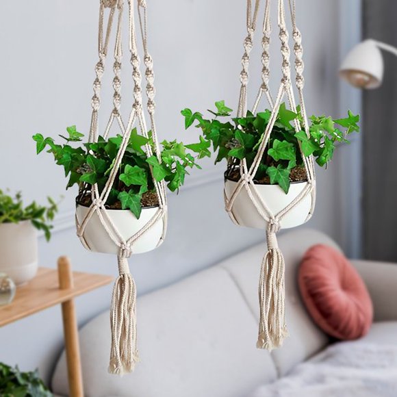 Macrame Plant Hanger, 2Pcs Hanging Planters Basket, Decorative Bohemian Boho Home Decor Cotton Flower Pot Holder for Indoors and Outdoors, Ivory