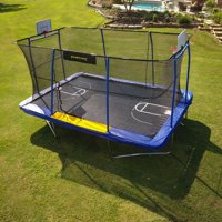 Jumpking Rectangle 10' x 15' Trampoline, with 2 Basketball Hoops, Footstep, and Court Print, Blue/Yellow