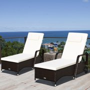 Gymax 2PCS Cushioned Outdoor Wicker Chaise Lounge Chair w/ Wheel Adjustable Backrest