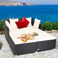 Costway Outdoor Patio Rattan Daybed Thick Pillows Cushioned Sofa Furniture Red