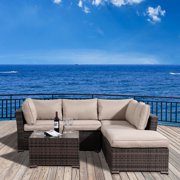 Outdoor Sectional Sofa Sets, 4 Piece Patio Wicker Patio Furniture Set, Patio Sectional with 2 Loveseat Sofa, Ottoman, Coffee Table&Cover, Patio Conversation Sets for Backyard Poolside Garden, W11446