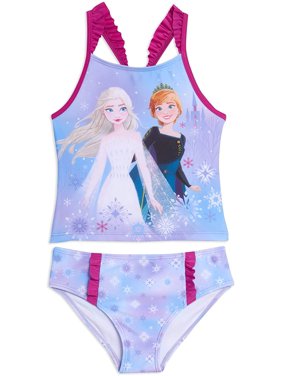 Frozen 2 Girls' Bathing Suit Two Piece Disney Princess Tankini Swimsuit Set, 4-6X, Blue Purple
