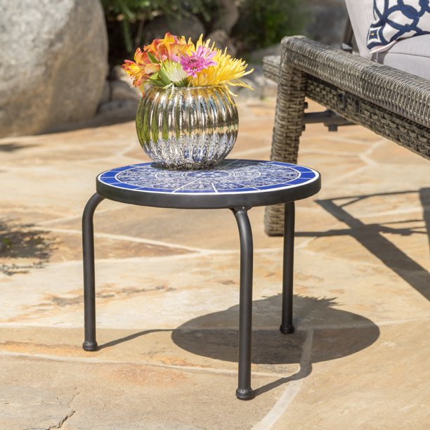 Bryan Outdoor Ceramic Tile Side Table with Iron Frame, Blue and White