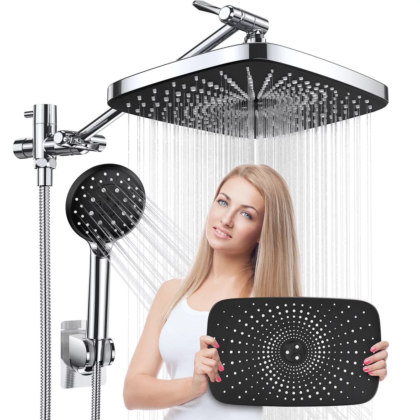 Veken 5-Setting Shower Head, 12 inch Rain Shower Head with Handheld and 70 inch Anti-Tangle Hose, Chrome