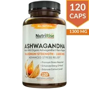 Ashwagandha 1300mg Made with Organic Ashwagandha Root Powder & Black Pepper Extract - 120 Capsules. 100% Pure Ashwagandha Supplement for Stress Relief, Anti-Anxiety & Adrenal, Mood & Thyroid Support