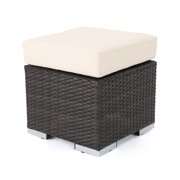 Malibu Outdoor 16 Inch Wicker Ottoman Seat with Water Resistant Cushion, Multibrown and Beige