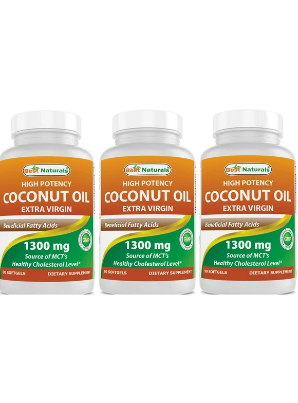 3 Pack Best Naturals Coconut Oil 1300 mg  90 Softgels | Organic High Potency Extra Virgin