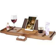 Expendable Bamboo Bathtub Caddy Tray Bath Accessories with Cellphone Tablet and Wine Book Holder Brown