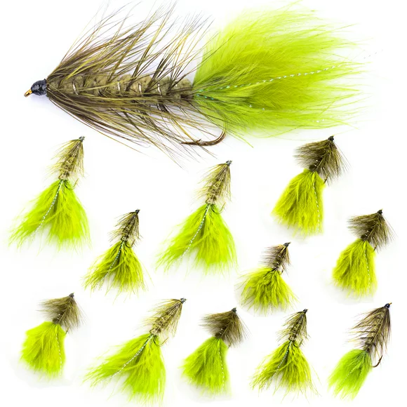 School of Fly Fishing | Wooly Bugger Flies | 12 PC Trout Fly Fishing Streamer Pack | Size 4, 6, 8, 10 | Olive