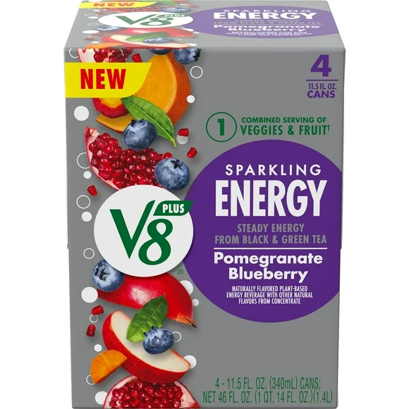 V8 +Energy Sparkling Pomegranate Blueberry Juice Energy Drink, 11.5 fl oz Can, 4 Count
