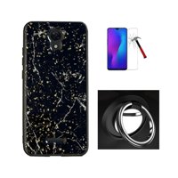 For Cricket Icon 2 (2020 Version) U325AC, Hybrid Shockproof Slim Hard Cover Case + Tempered Glass Screen Protector/Ring (Black Marble with Gold Speck)