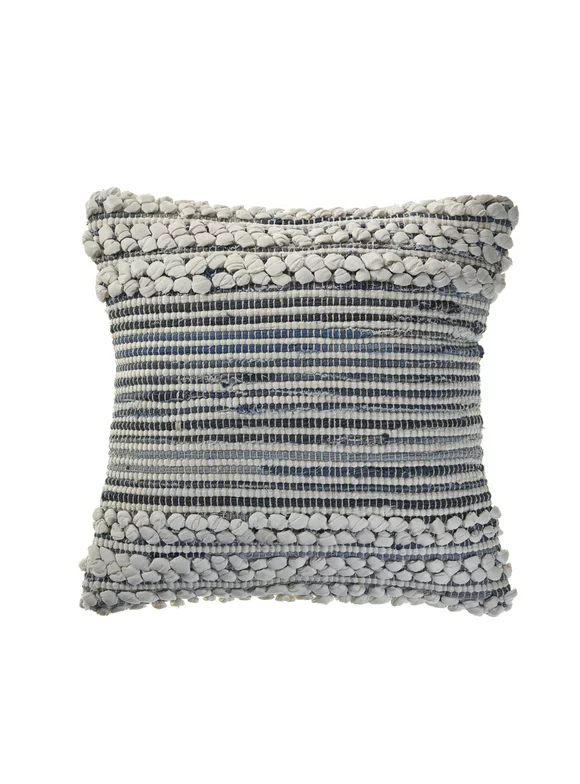 Ox Bay 18" x 18" Hand-Woven Blue/ Grey Stripe Cotton Blend Pillow Cover