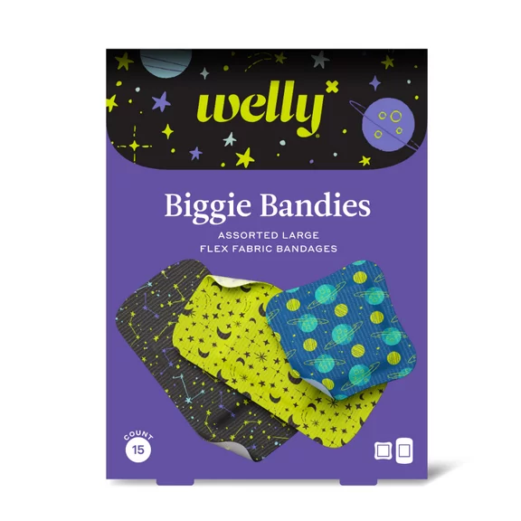 Welly Space Biggie Bandies Flex Fabric Adhesive Bandages, Assorted Large, 15 Count
