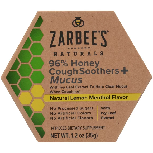 Zarbee's Naturals 96% Honey Cough Soothers + Mucus with Ivy Leaf ExtraCt, Lemon Menthol, 14 Ct
