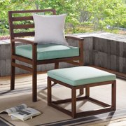 Manor Park Acacia Wood Outdoor Patio Chair & Pull Out Ottoman - Dark Brown/Blue