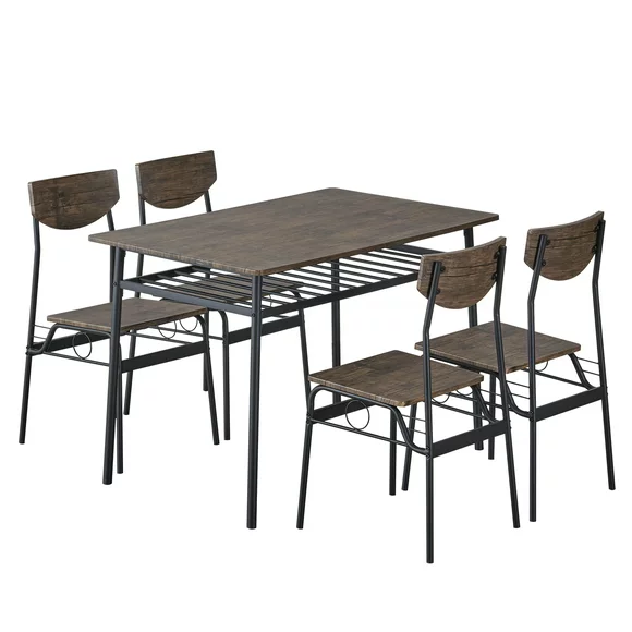 Ktaxon 5 Pieces Dining Table and Chair Set, Breakfast Table Set with 4 Chairs and Shelf for Kitchen Dining Room Brown
