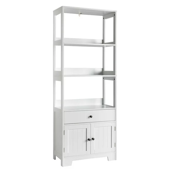 Ktaxon 61"Tall Bathroom Storage Cabinet, Freestanding Linen Tower, Bookcase with 3 Open Shelves, Drawer and Cupboard for Living Room Kitchen Study Entryway, White