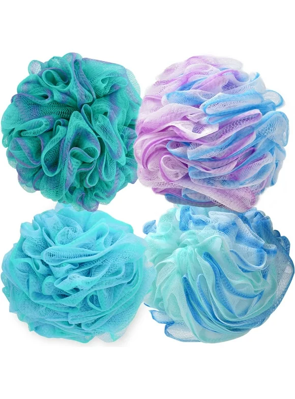 Torubia Shower Puff Loofah, 4 Pcs Extra Large Bath Sponge with Mesh Build - Body Scrubber for Exfoliate and Cleaning, 75g/PCS, Multicolor
