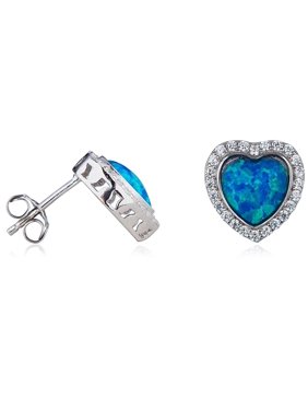 SilverLuxe Sterling Silver Created Blue Opal Heart Shape Earring with CZ Accents