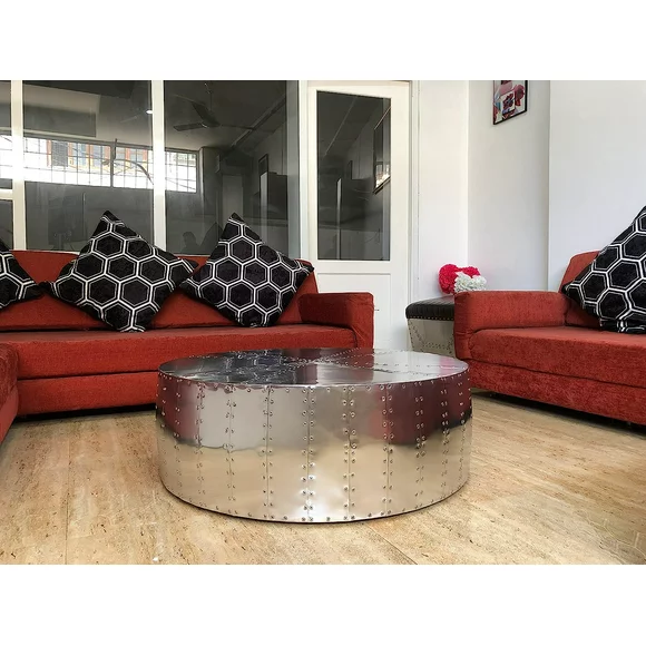 NauticalMart Aluminum Drum Shaped Coffee Table Hammered Coffee Table Aviator Living Room Furniture - Office Decor & Office Furniture (36 Inches)