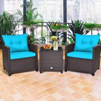 Gymax 3PCS Outdoor Patio Rattan Conversation Set w/ Coffee Table Turquoise Cushion