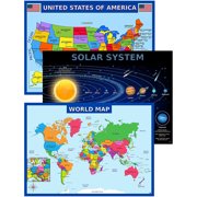 World Map Poster, United States USA Map, Solar System Posters for Kids - Laminated, Size 14x19.5 in.- Educational Posters for Elementary Classroom Decorations, Teacher Supplies (Maps and Solar)