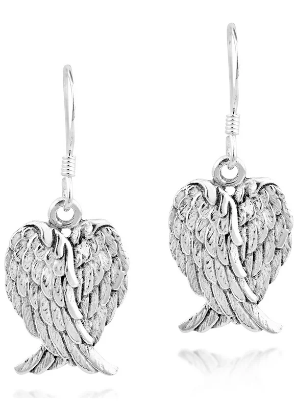 Heavenly Love Heart Shaped Angel Wings .925 Sterling Silver Dangle Earrings