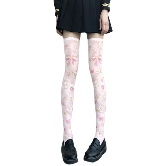 YEUHTLL Women Lolita Cartoon Rabbit Cat Printed Thigh High Stockings Japanese Anime Kawaii Strawberry Cosplay Over Knee Socks