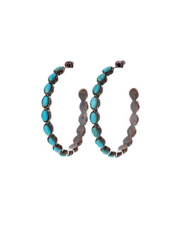Turquoise Colored Stone Hoop Earrings, Copper Tone, 2"