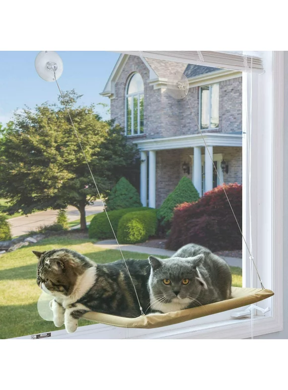 Cat Window Perch, Cat Hammock Window Seat, Space Saving Window Mounted Cat Bed for Large Cats (Beige Premium Set)