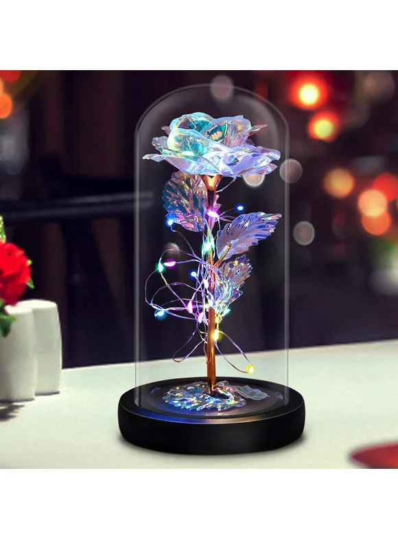 Goory Galaxy Rose Flower Night Light, Colorful Artificial Rose Forever with LED Light String in Glass Dome, Battery Operated Enchanted Best Gifts for Wife Women Wedding Mother's Valentine's Day
