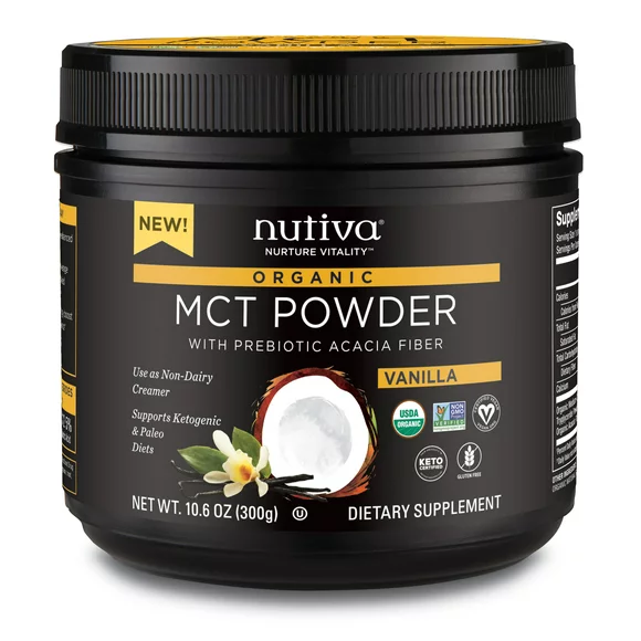 Nutiva organic mct powder with prebiotic acacia fiber, vanilla, 10.6 ounce