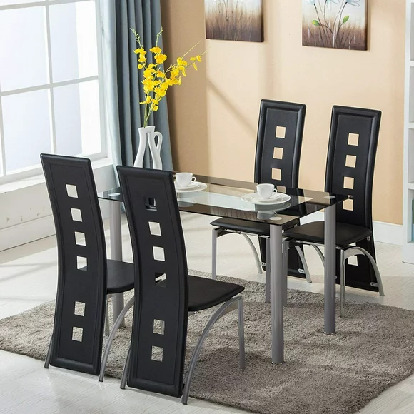 Ktaxon 5 Piece Glass Dining Table Set With 4 Faux Leather Chairs Dining Furniture Black