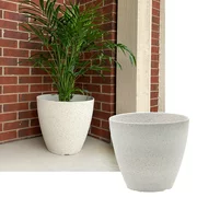 15 Inch Round Faux Stone Resin Garden Potted Planter Flower Pot Indoor Outdoor, White
