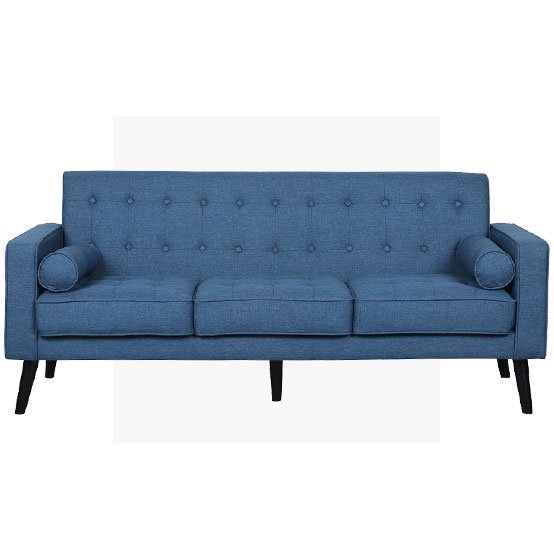 A blue linen mid-century sofa. Links to mid-century sofas on paylessdailyonline.com.��    