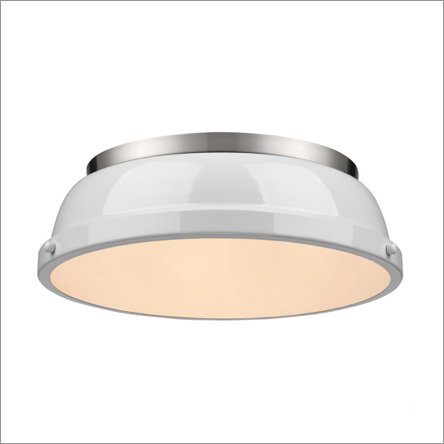 A white ceramic flush ceiling mount light fixture. Links to where to shop flush mount lighting.