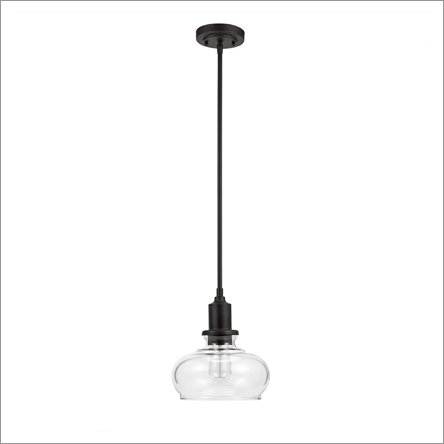 A pendant light with a brushed nickel rod and glass shade. Links to where to shop the best pendant lights. 