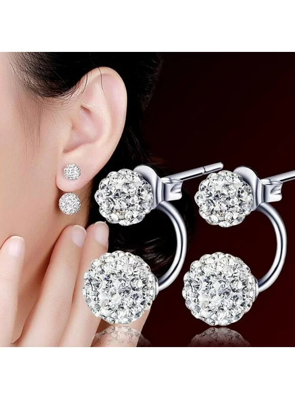 1 Pair Women Jewelry Silver Double Beaded Rhinestone Crystal Stud Earrings HFON