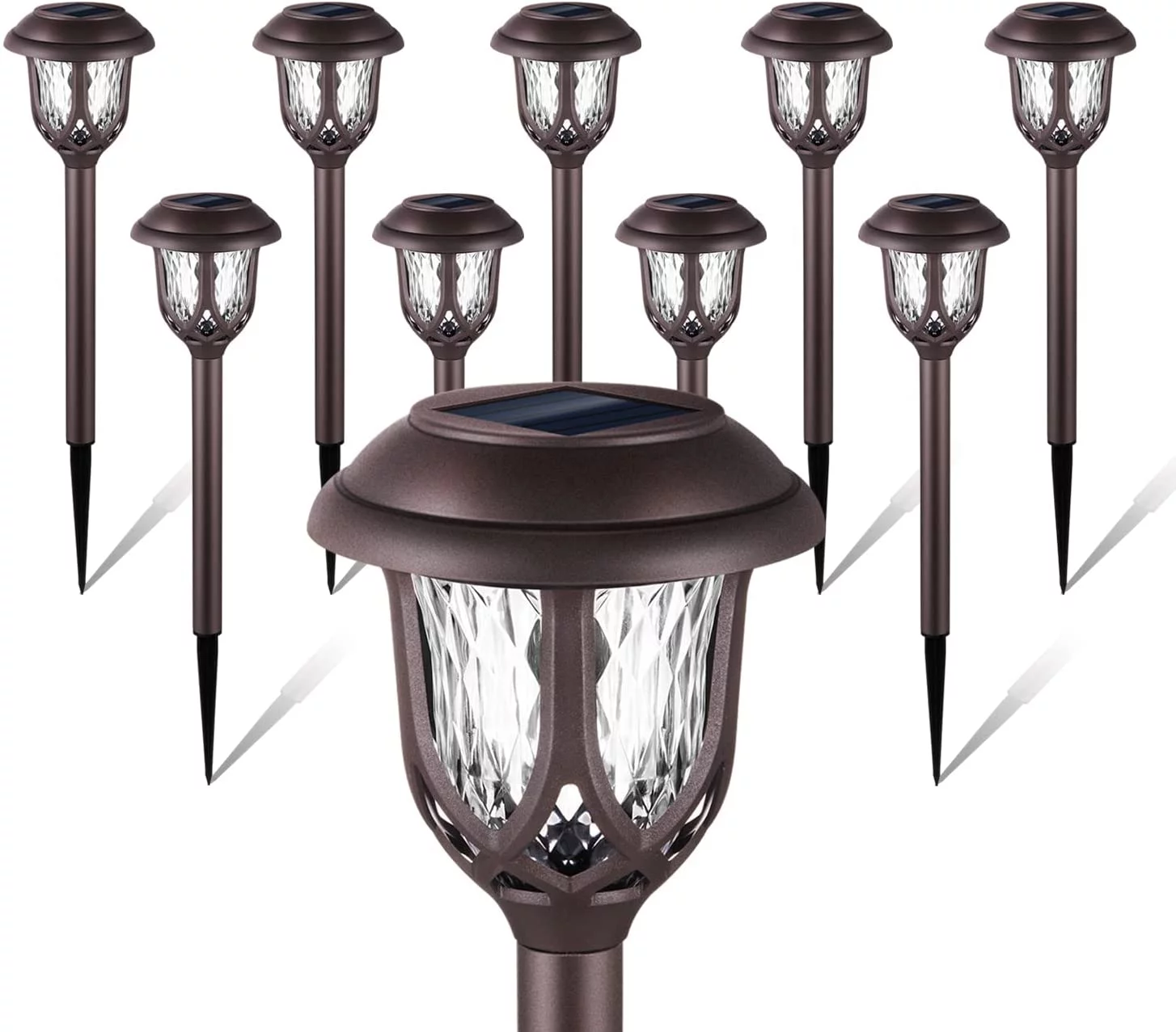 10 Pack Solar Lights Outdoor Decorative, Solar Pathway Lights Outdoor, Solar Powered Garden Yard Lights for Walkway Sidewalk Driveway. (Brown, Cool White)